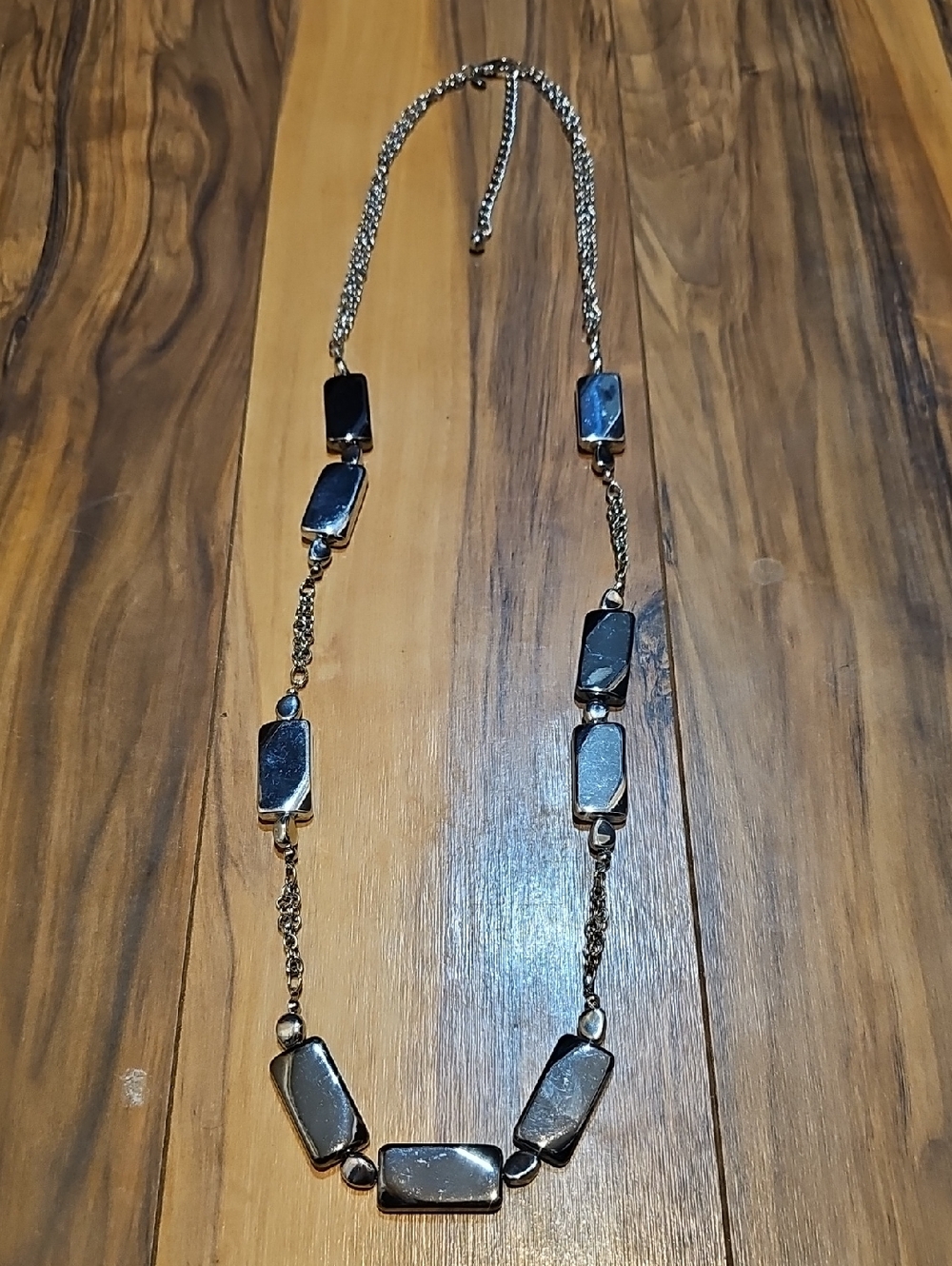 Chico's Silver-Tone Hematite Rectangle Station Long Necklace